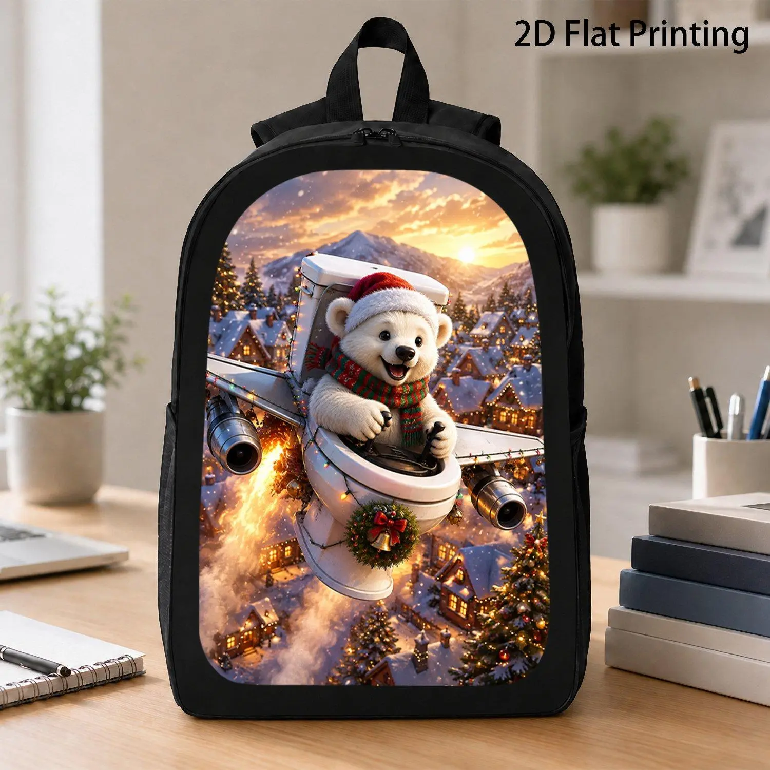 Christmas Winter Backpack, Santa Polar Bear With Striped Scarf Piloting Jet Toilet Above Snow Mountain Village, Xmas Lights, 2D Flat Print Travel Laptop Rucksack