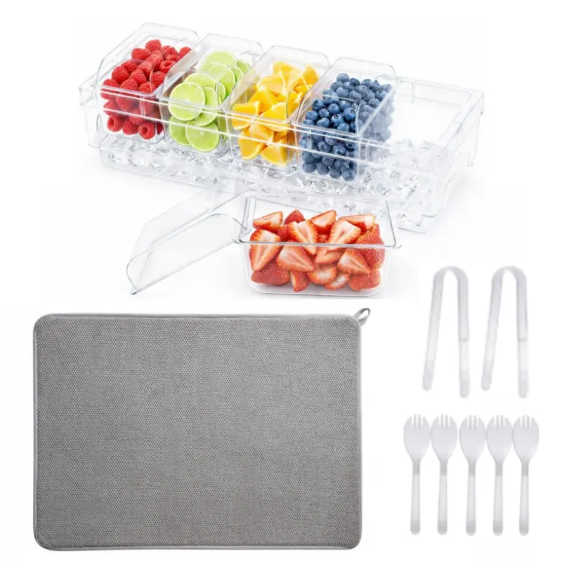 5 Compartments Clear Plastic Chilled Condiment Server Tray with Ice Compartment, Removable Divided Fruit Storage Containers with Lids, Bar Fruit Garnish Caddy with Absorbent Drying Mat for Cocktail, Salad, Restaurant Home Bar Use