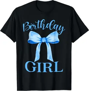 100% Cotton Birthday Girl Blue Coquette Bow Birthday Party Family T-Shirt