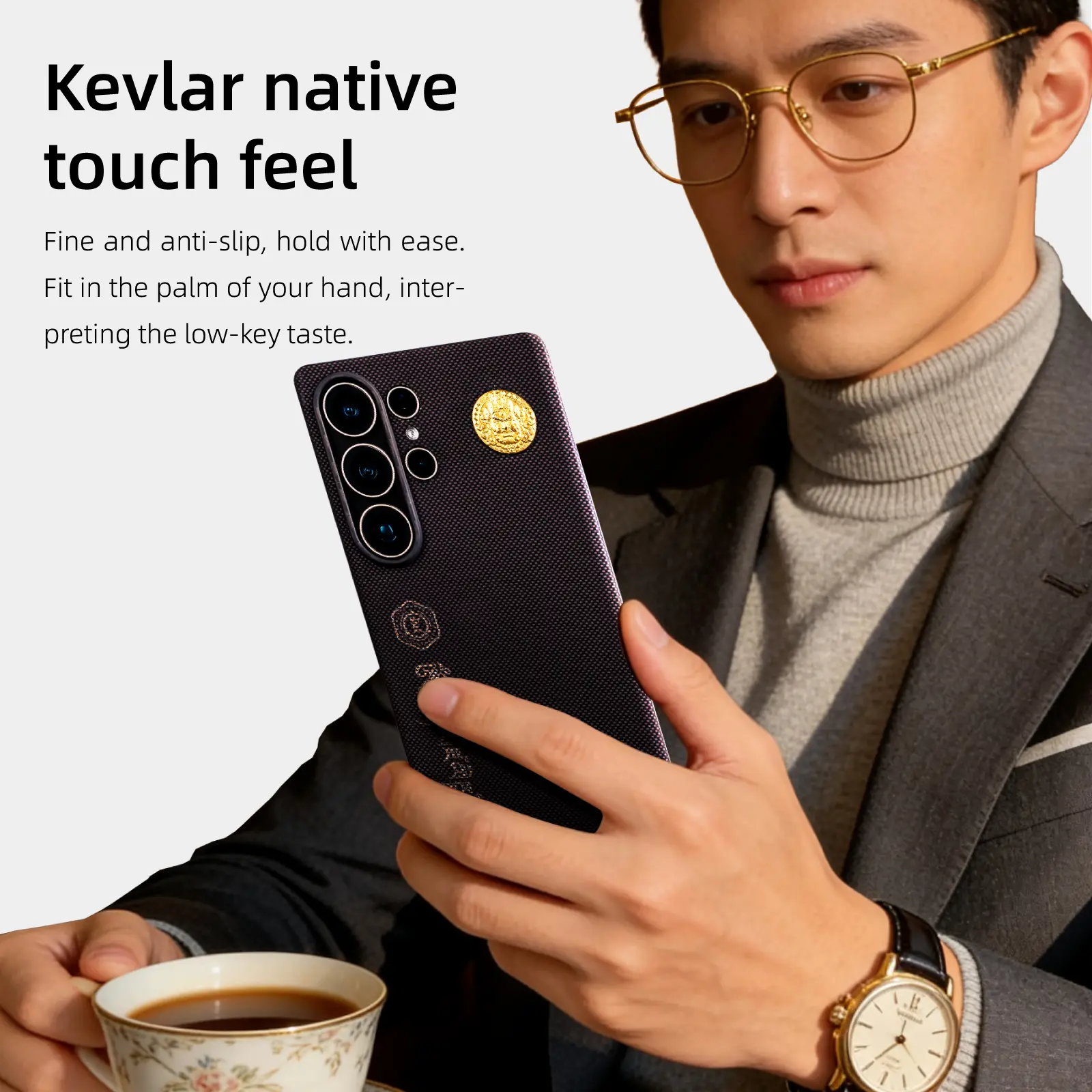 AVOBANGK Yellow Jambhala Protective Aramid Fiber Smartphone Case for Samsung Galaxy S25 Ultra, Black Woven Slim Cover with Gold-Tone Detail, Mobile Phone Accessory