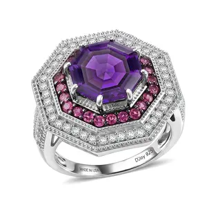 D'Joy Premium Moroccan Amethyst, Multi Gemstone Royal Octagon Ring in Rhodium Over Sterling Silver (Size 10.0) (Ships in 10-12 Days) 6.85 ctw