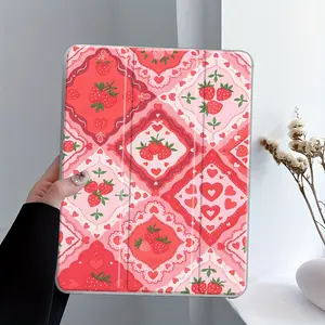 Cute Strawberry Heart Three-tiered stand iPad case，Transparent Acrylic Hard Back Panel With Pencil Slot，Suitable for All models of ipad. Scratch-resistant Ultra-thin Protective Case, Shock-resistant Full Cover Suitable for Offices Schools and Homes