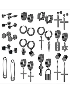 15 Pairs Black Cross Huggie Hoop Earring Set, Stainless Steel Hoops for Men Women High-strength Stainless Steel Studs Cross Dangle Hinged Huggie Earrings Streamlined Minimalist Design Classic Cross Symbol Dangle Hinged Structure