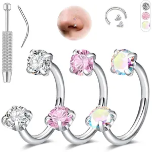 5Pcs 20G Nose Rings Hoop for Women Men, 316L Stainless Steel CZ Nose Piercing Jewelry Set with Insertion Tool, Hypoallergenic Curved Nose Ring for Nose Piercing