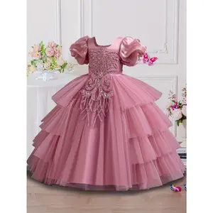 Girls' Princess Party Dress with Tiered Ruffled Skirt & Short Puff Sleeves - Long Formal Birthday Outfit, Layered Cake Design, Round Neck, Hand Wash Only
