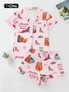 Women's Cartoon Monkey Print Pajama Set, Casual Pajamas, Soft Smooth Fabric, Comfortable Loose Fit, Butterfly Pattern, Short Sleeve Top and Shorts Nightwear Pjs