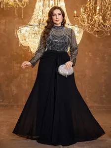 Elegant High Neck Beaded Long Sleeve Maxi Dress, Pure Color Chiffon Waist Ruched Design, Luxurious Evening Party Gown, Formal Event Dress
