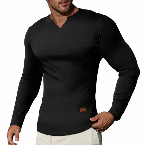 JMIERR Men's Plain Casual Muscle Shirts for Men Slim Fitted T Shirt V-Neck Longline Ribbed Tees Shirts Long Sleeve Gym Workout Athletic Menswear Tops,Men's clothing for Daily Wear,Fashion Outfits 2026