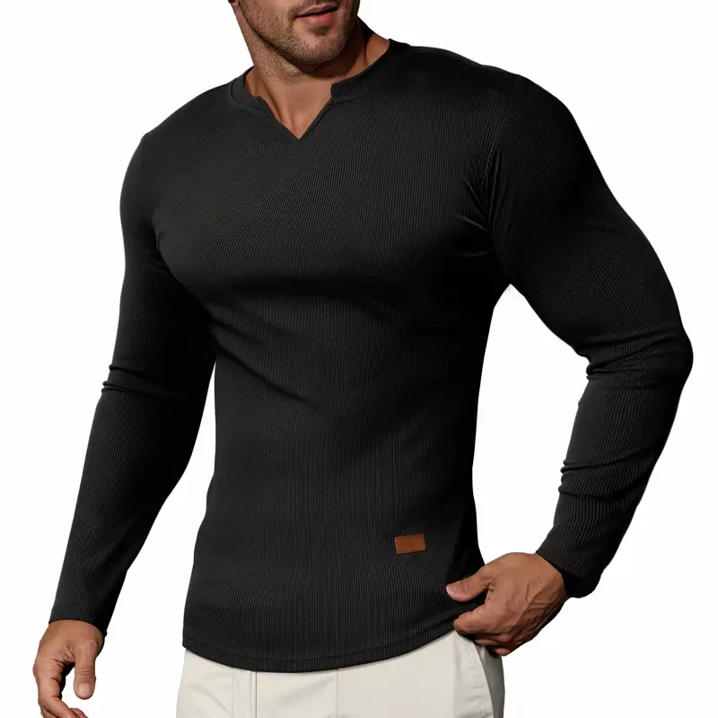 JMIERR Men's Plain Casual Muscle Shirts for Men Slim Fitted T Shirt V-Neck Longline Ribbed Tees Shirts Long Sleeve Gym Workout Athletic Menswear Tops,Men's clothing for Daily Wear,Fashion Outfits 2026