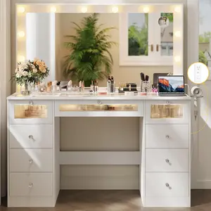 Makeup Vanity Desk with LED Lights and Large , 9 Drawers Vanity with Glass Top & 3 Color Hollywood Bulbs, Make Up Vanity with Charging Station & Crystal Knobs for Woman