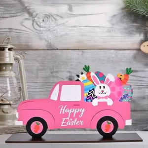 Easter Themed Carrot & Letter Pattern Wooden Decoration, Creative Carrot Truck Design Ornament, Desktop Decoration for Home Office Party