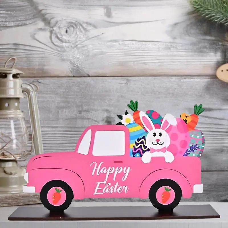 Easter Themed Carrot & Letter Pattern Wooden Decoration, Creative Carrot Truck Design Ornament, Desktop Decoration for Home Office Party