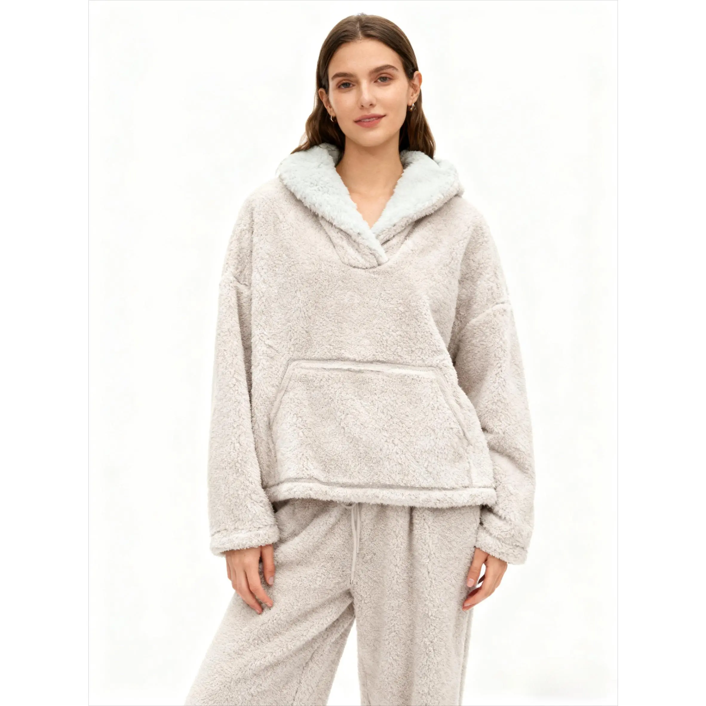 Women's Fuzzy Sherpa Fleece Pajamas - Warm Pullover Lapel Sleepwear Sets, Soft Cozy Fluffy Loungewear for Winter, Cute Oversized Nightwear with Elastic Waist, Comfy Pajama Set for Lounging & Sleeping, Trendy Casual Outfit