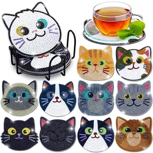 10Pcs Cat Theme Diamond Painting Coasters DIY Craft Kit, Handmade Table Decor Tool Set for Adults, Valentine’s Day Gift