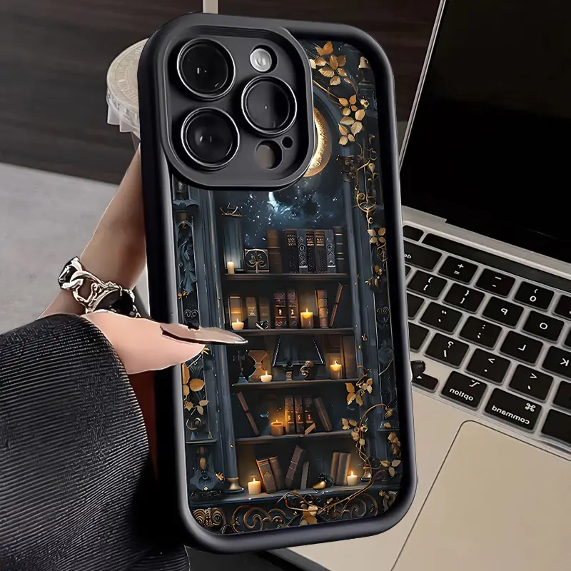 Dark Academia Moonlit Bookshelf Phone Case for iPhone 17 16 15 14 Pro Max 13 12 11 Air XR XS Plus E Shockproof Anti Drop Durable Soft TPU Silicone Cover Gift for Book Lovers