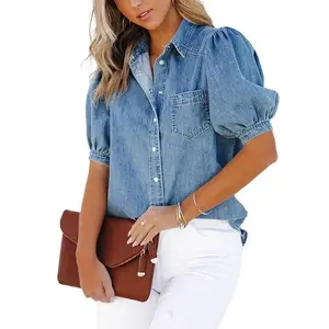Ladies' casual washed bubble sleeves denim button up shirt, cute retro denim short sleeved top