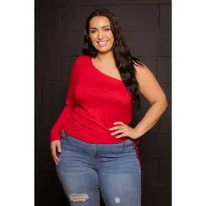 Plus Size Asymmetric One Sleeve Top  - Red