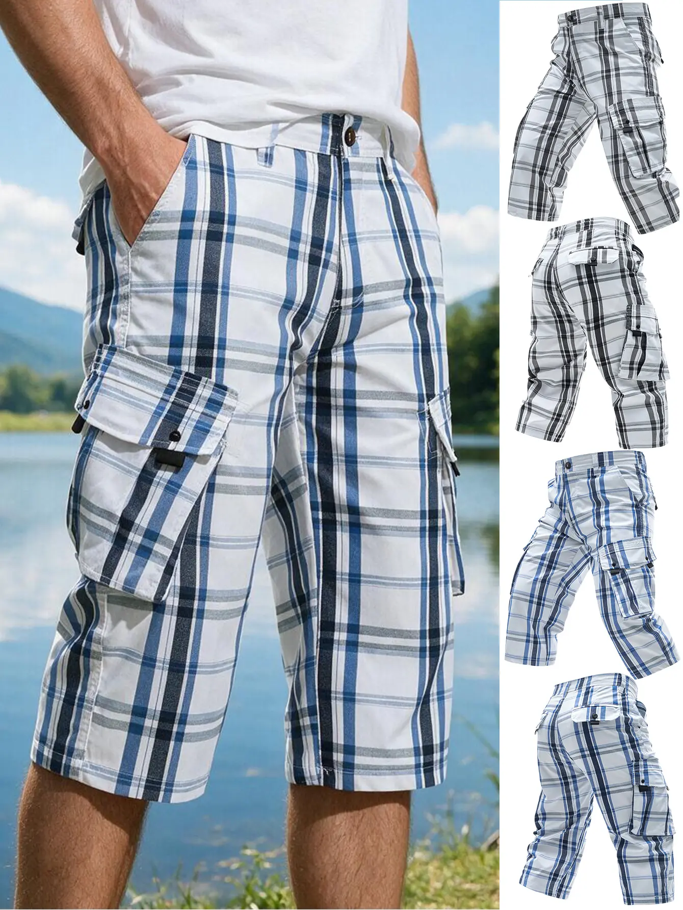 Men's Mid-Waist Plaid Polyester Cargo Shorts - Checked, Multi-Pocket, Button Closure, Casual Work Outdoor Shorts with 2 Classic Plaid Blue Color Options