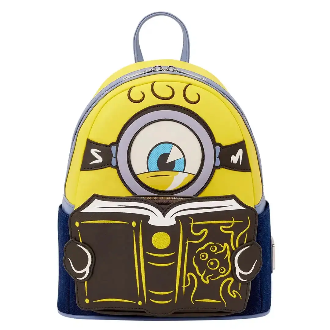 Minions Faux Leather Mini Backpack with Applique and Embroidery, Unisex Character Bag, 9” W x 10.5” H x 4.5” D, Cartoon Character, Minion Theme, Casual, Children