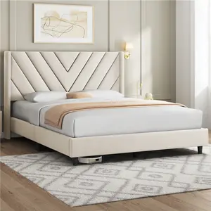 Yaheetech Upholstered Platform Bed, Bed Frame with Wooden Slat Support / Tufted Headboard with Wing Side / Mattress Foundation / Wooden Slat Support / No Box Spring Needed