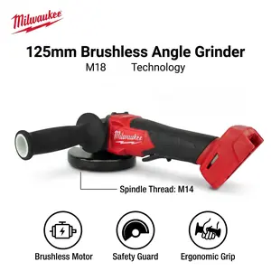 Milwaukee 18V Brushless Angle Grinder 125mm Cordless Industrial Cutting and Grinding Tool for Machinery Maintenance with M14 Threaded Spindle 9000 RPM Variable Speed Non-Locking Paddle Switch and 33mm Max Cutting Depth protective boot