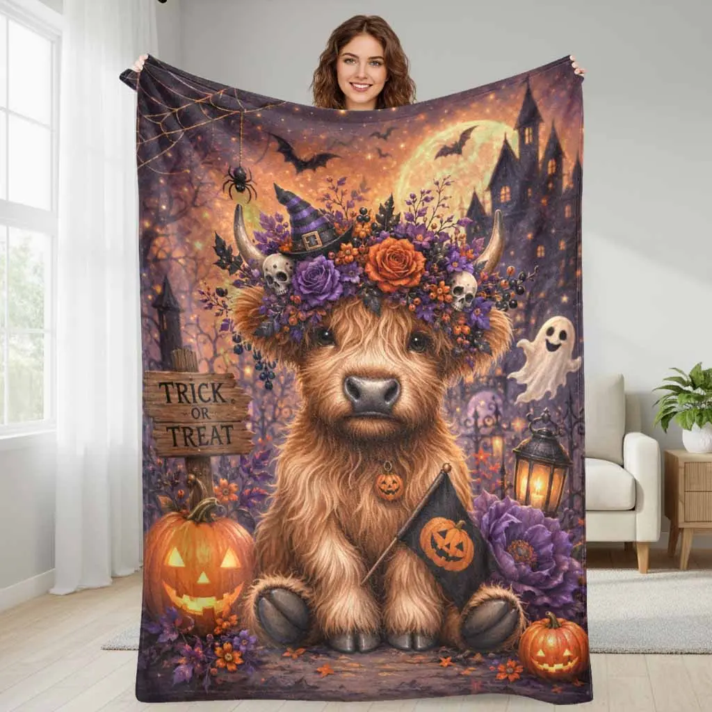 Halloween Highland Cow Flannel Blanket - Flannel Fabric, Pumpkin Rose Witch Hat Print, Cozy Look, Lightweight Softness - Cozy Plush Throw for Indoor Use, Home & Outdoors (Sofa, Bed) - Fall Holiday Gift Home Decor, Multi-Size