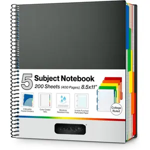 5-Subject Notebook, College Ruled, Colorful Movable Pocket Dividers with Tabs, Front/ Plastic Covers, 200 Sheets (400 Pages) of 3-Hole Punch Perforated 8.5x11 Paper