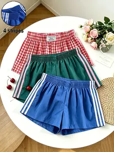 3-Pack Summer Casual Sporty Shorts, Solid Color & Camo Side Stripes, Elastic Waist, Loose Fit, Women's Daily Wear Bottoms