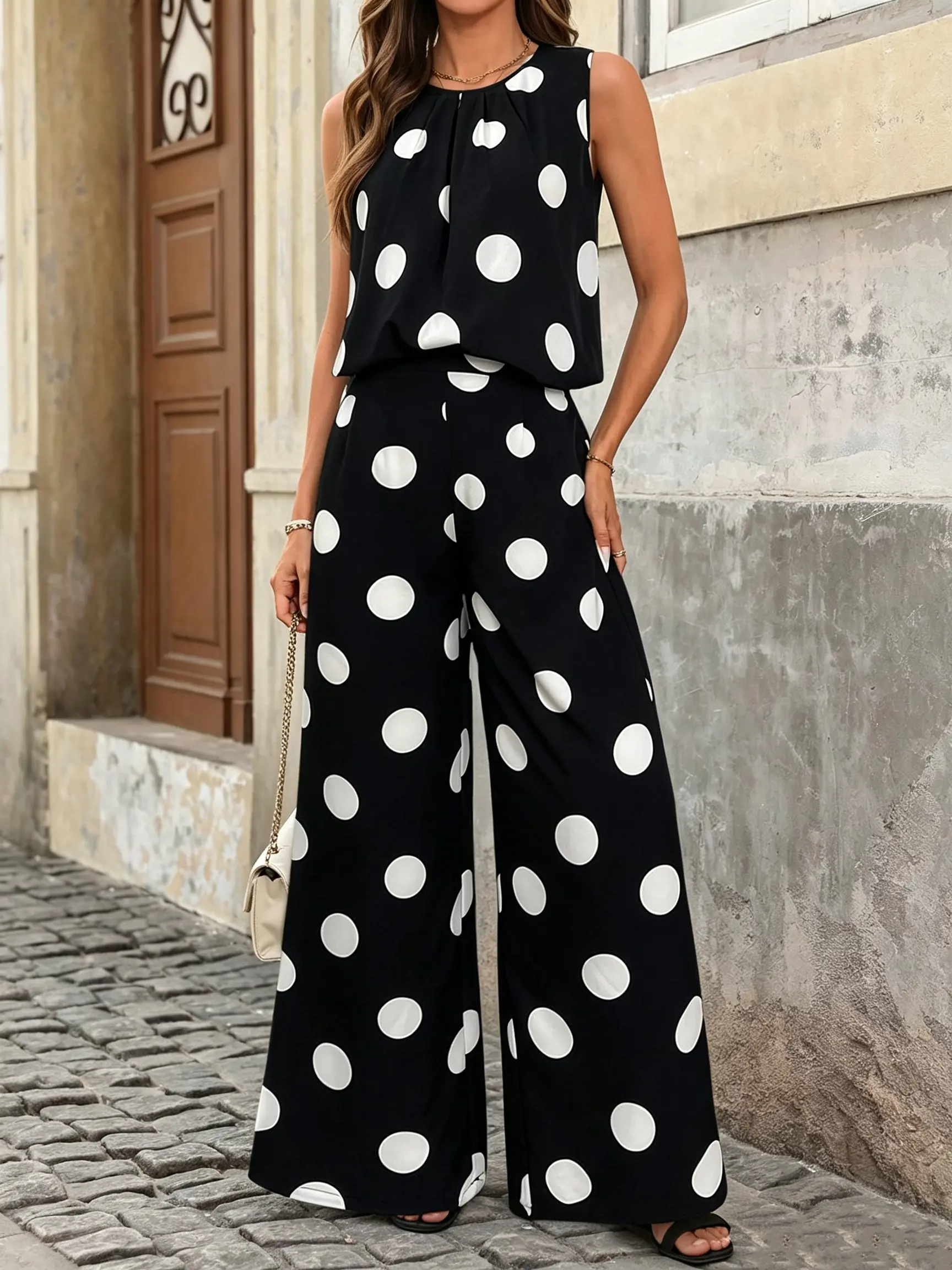 Women's Polka Dot Print Pleated Round Neck Tank Casual Wide Leg Two-Piece Outfit,Sleeveless Shift Two Piece Pant Set for Daily Wear