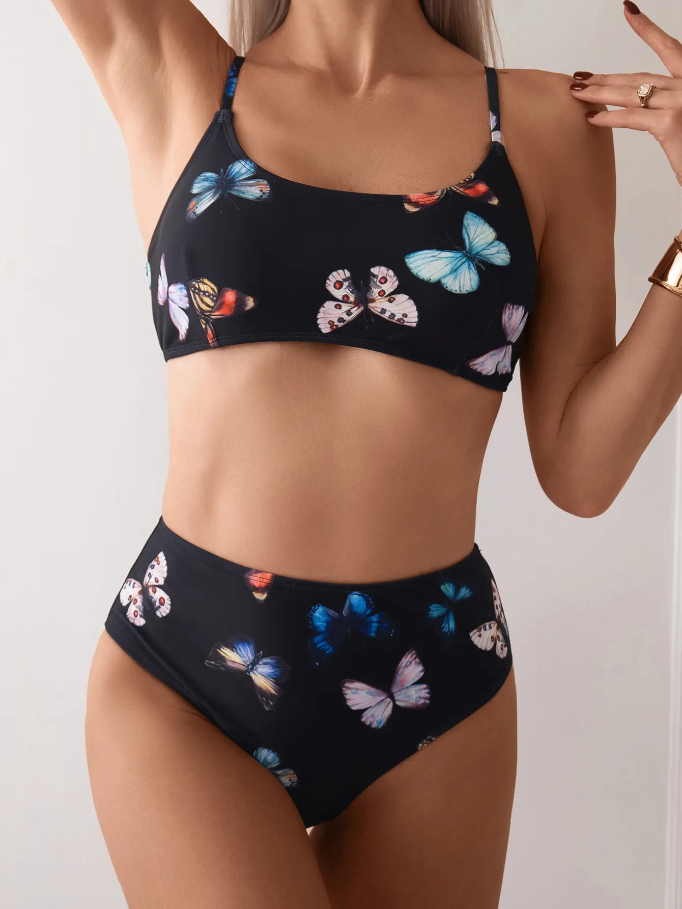 Women's Black Butterfly Print 2-Piece Bikini Set - High-Waist Bottoms, Sporty Crop Top for Sports & Outdoor Activities