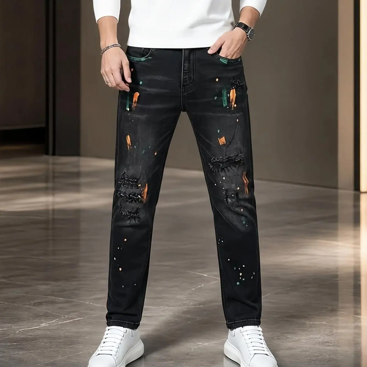 JOJO | Paint Splatter Ripped Straight‑Leg Jeans, Vintage Washed Black Distressed Frayed Denim Pants, Hand‑Crafted Hip‑Hop Street‑Style Denim Trousers for Men Daily Party Casual Wear