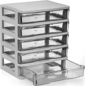 5 Drawer Desktop Storage Bin Unit, Small Plastic Organizer, White Frame with Clear Drawers, Mini Container Case for Desk, Storage for Craft, Accessory, Stationery