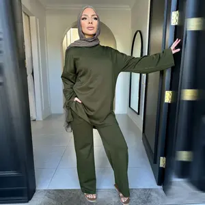 Two Piece Set Women Blouse Tops Wide Leg Pants Suit Morocco Dubai Outfits Eid Ramadan Muslim Autumn2026 Femme Casual Ensemble