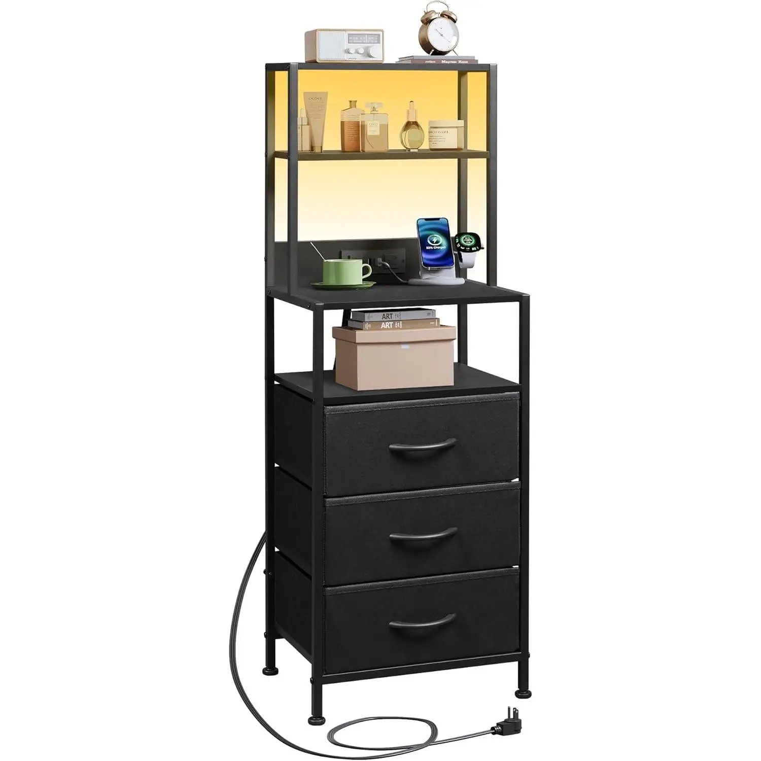 WLIVE Tall Nightstand with Charging Station, LED Night Stand with 3 Fabric Drawers and Storage Open Shelves, Bedroom Nightstand table, Bed Side Table