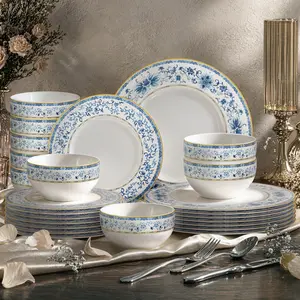 [SummerVibes] Kitchen Academy 24-Piece Bone China Dinnerware Set Service for 8, Delicate Porcelain, Lightweight, Microwave and Dishwasher, Wedding & Housewarming Gift
