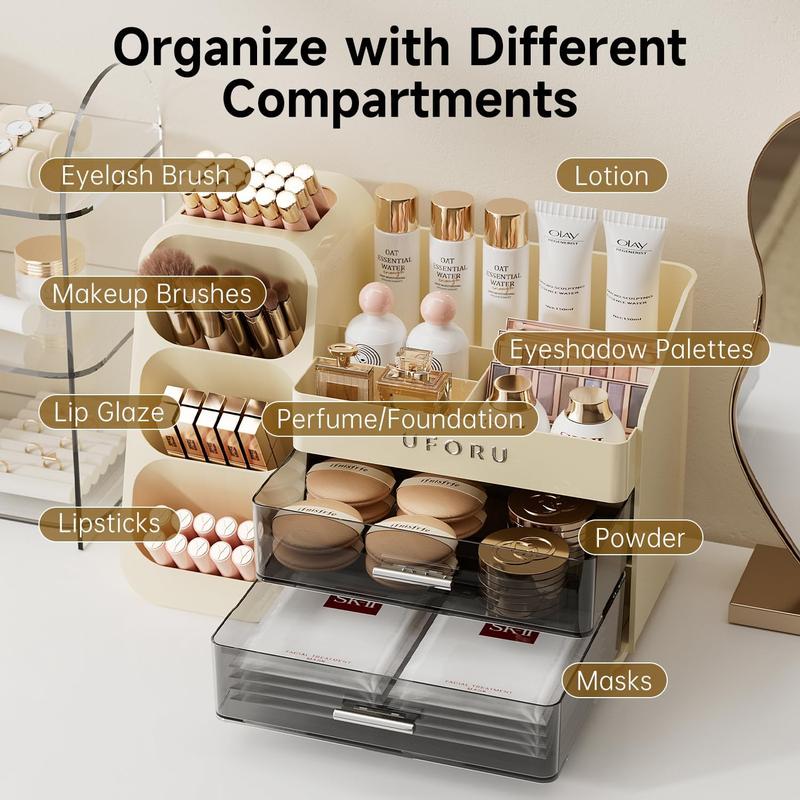 Large Capacity Makeup Storage Box, Multi-functional Makeup Brush Lipstick Eyebrow PencilPocket Mirror Storage Box, Desktop MakeupOrganizer for Home & Travel, Makeup Box,Cosmetics Organizer Storage Pink