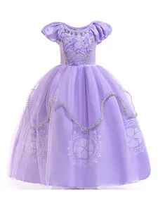 Girl's Floral Appliques Tulle Princess Costumes, Elegant Round Neck Puff Sleeve Tulle Overlay Dress for Party & Cosplay, Kids Costumes for All Seasons