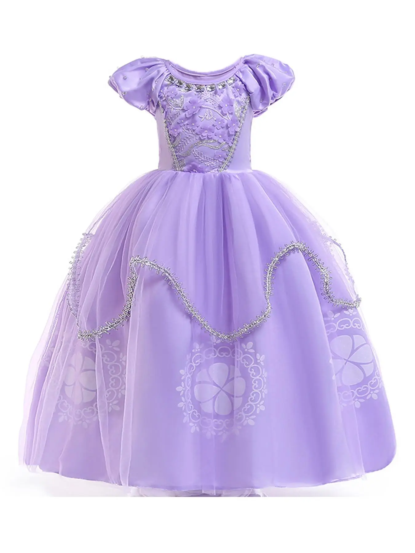 Girl's Floral Appliques Tulle Princess Costumes, Elegant Round Neck Puff Sleeve Dress for Party & Cosplay, Kids Costumes for All Seasons
