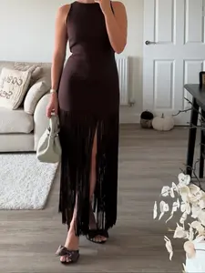 Women's autumn fashion vacation style versatile slim fit sleeveless casual fringe dress