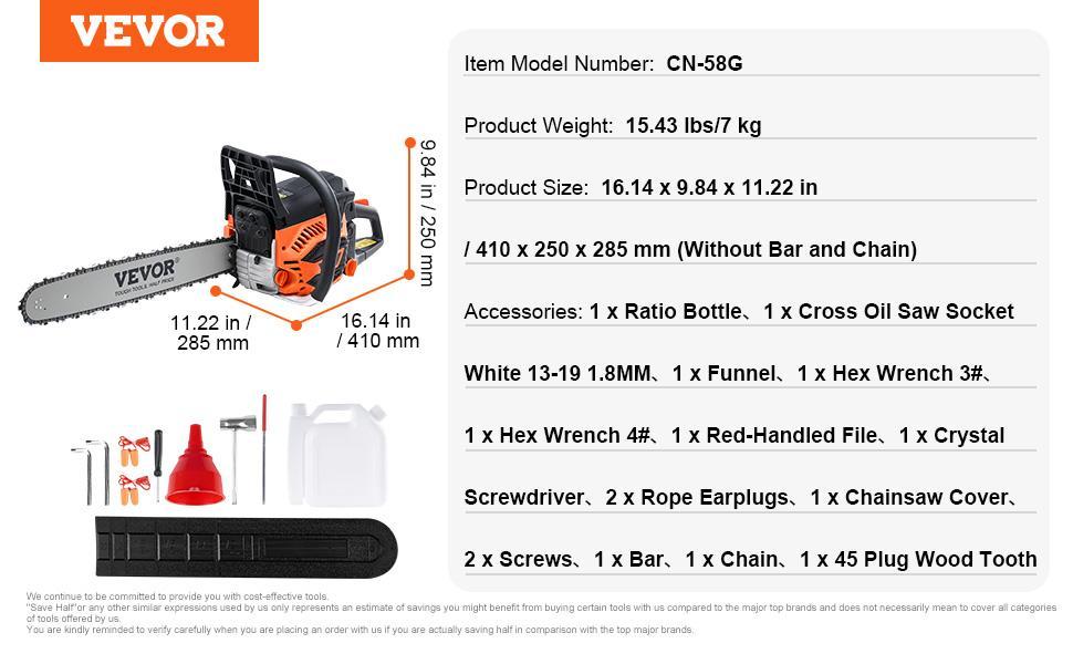 VEVOR 58CC 20" Gasoline Chainsaw Gas Powered Wood Cutting Engine Gas Chain Saw