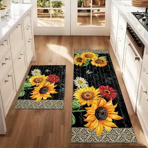 2Pcs Retro Sunflower Floor Mat Set Sunflower Daisy Watercolor Printed Carpet Farmhouse Anti Fatigue Kitchen Carpet Non Slip Washable Kitchen Restaurant Floor Sink Laundry Room Decoration Carpet Mat Non Slip Rugs Durable Area Rugs Vintage Floral Rug