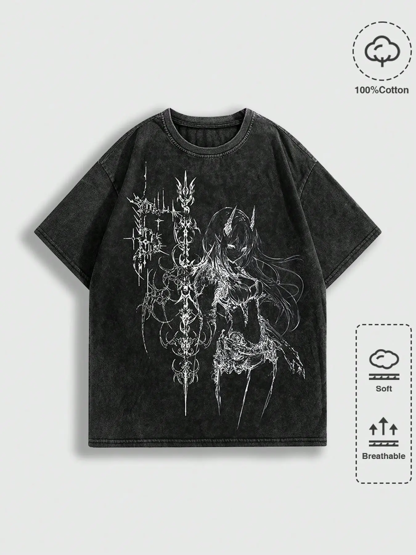 2026 Trending Cyber Sigilism Washed Black Tee | Oversized Dark Anime Graphic Casual Fashion T-Shirt for Streetwear Enthusiasts | Heavyweight Cotton, Breathable Grunge Top, Casual Summer Clothing for Night Out & Clubbing