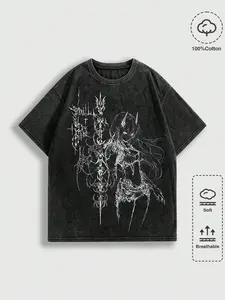 2026 Trending Cyber Sigilism Washed Black Tee | Oversized Dark Anime Graphic T-Shirt for Streetwear Enthusiasts | Heavyweight Cotton, Breathable Grunge Top for Night Out & Clubbing
