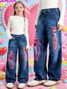Girls' Valentine's Day Kpop Hunter Girl Jeans, Vibrant Cartoon Print Denim Jeans, Casual Fitted Style, Ages 7-12, Trendy Girls' Clothing, All Seasons Wear