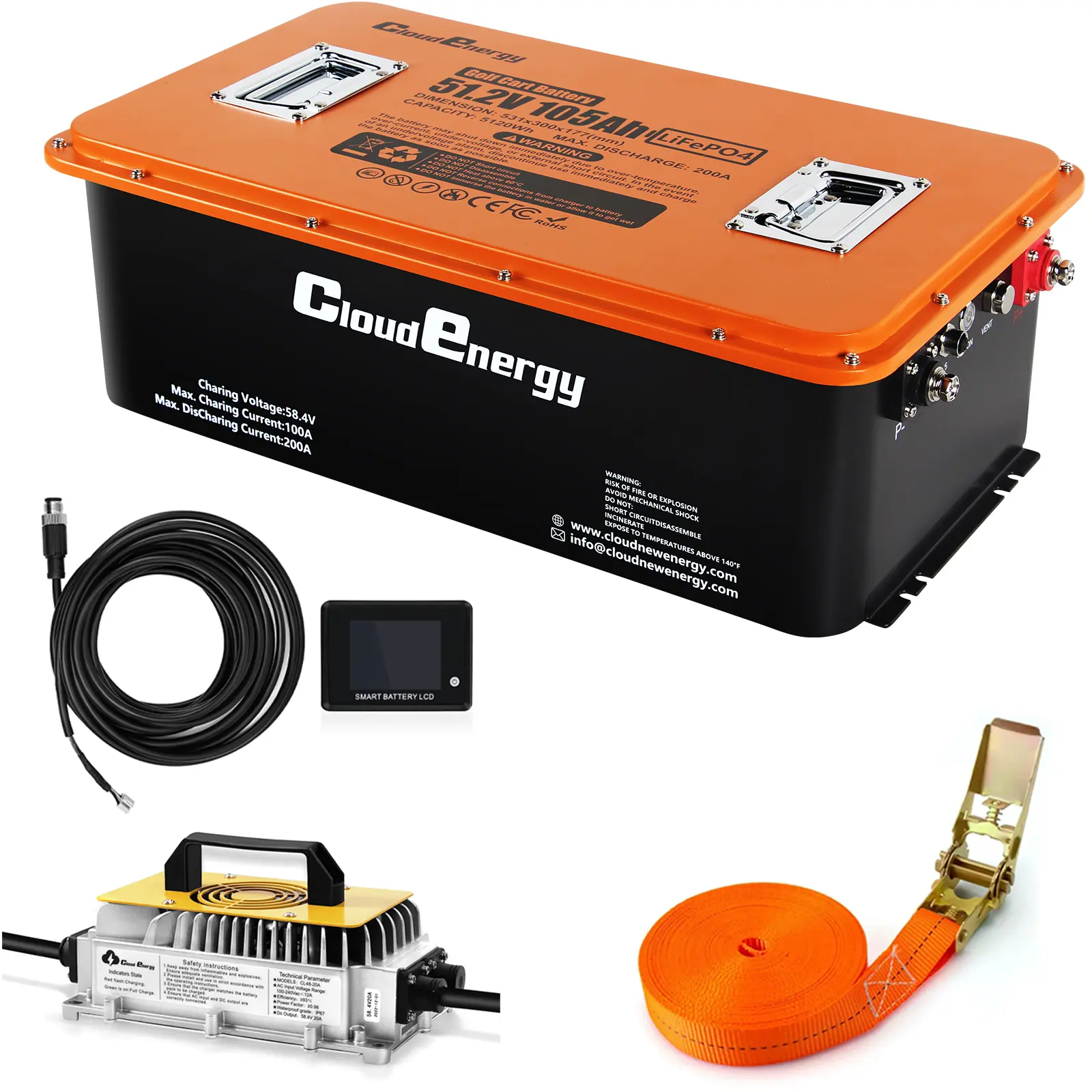 Cloudenergy 48V(51.2V) 105Ah LiFePO4 Golf Cart Battery with Bluetooth BMS & Touchscreen, Built-in 250A BMS, Includes  Charger,Lightweight, 6000+ Cycles,  Drop-In Replacement for EZGO, Club Car, Yamaha Golf Carts,Iron Shell