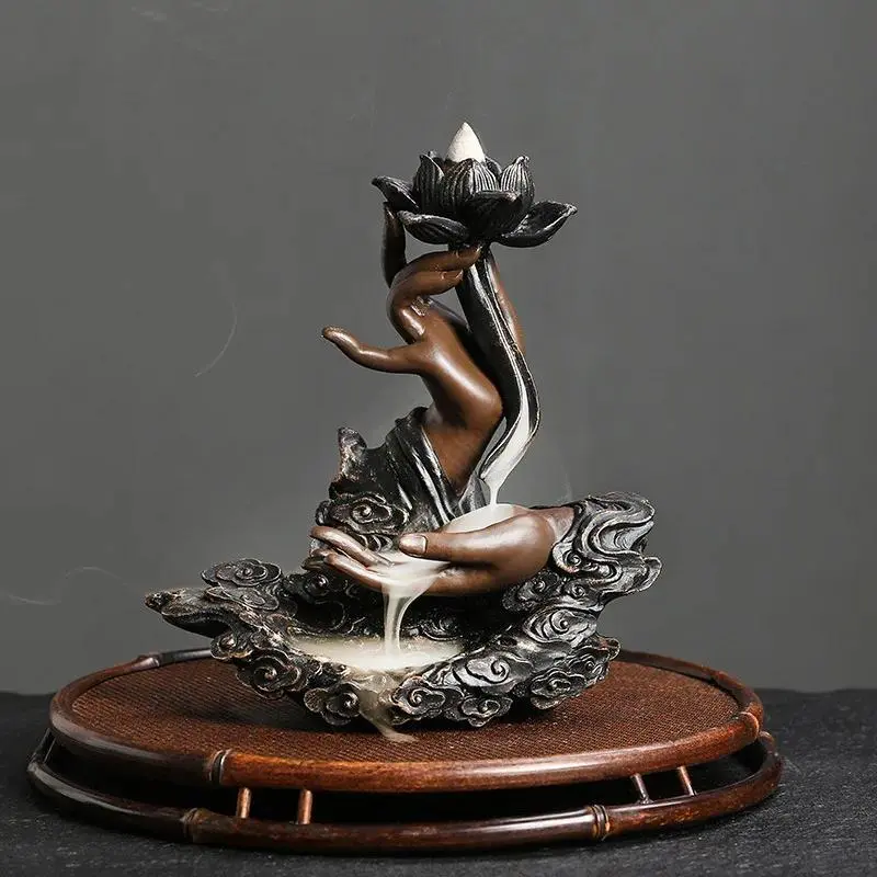 Backflow Incense Burner, Handmade Resin Lotus Buddha Hand Waterfall Incense Burner, Home Fragrance Holder for Home Relaxation Decor, Scented