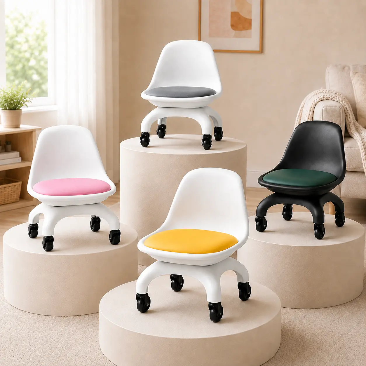 Pet-Friendly Sofa-Style Low Rolling Chair, Cat-Scratch-Resistant Leather Seat, 2.5'' Silent 360° Caster Wheels, 265 lbs Capacity, Comfy Backrest, Compact Floor Task Chair for Cat Care, Dog Grooming, Cleaning, Garage, Workshop & Low Desk Use