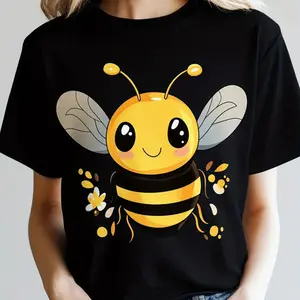 Cute Bee & Honeycomb Print Graphic Cotton T-Shirt, Casual Crew Neck Short Sleeve Outfit Ideal Birthday & Valentine Holiday Gift