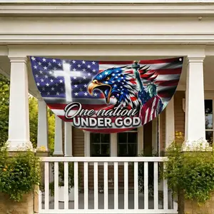 One Nation Under God Eagle - Cross Freedom One Nation Under God Banner, Veterans Day Semi-Circular Banner, Decor House Flag, Veteran Kneeling Soldier Christian Cross We The People Flag, Memorial Day Banner, Memorial Day House Flag, Veteran's Day Banner