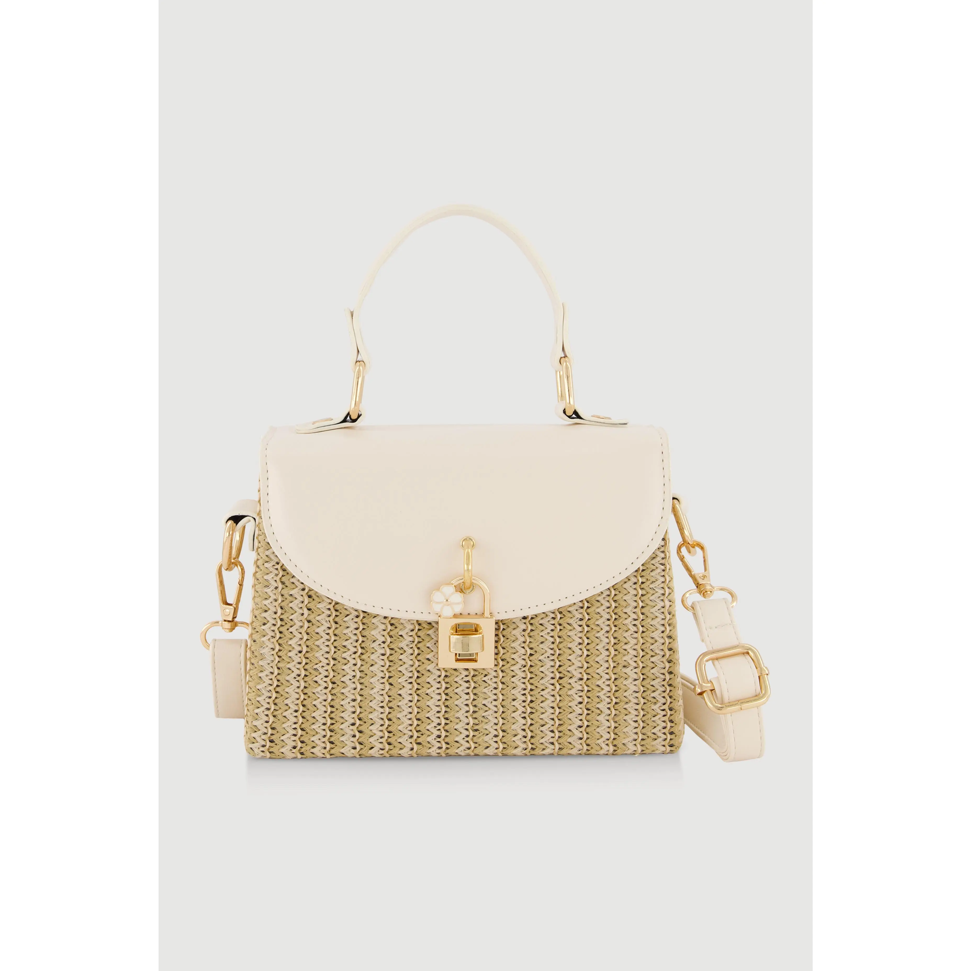 Twist Lock Faux Suede Detail Raffia Crossbody Handbag